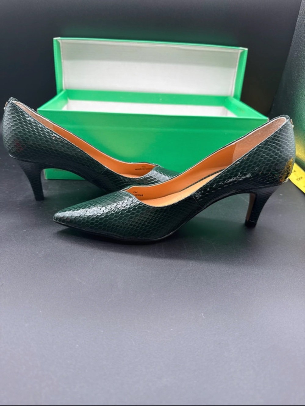 J.Renee Dark Green Snake-Embossed Pointed Toe Kitten Heels